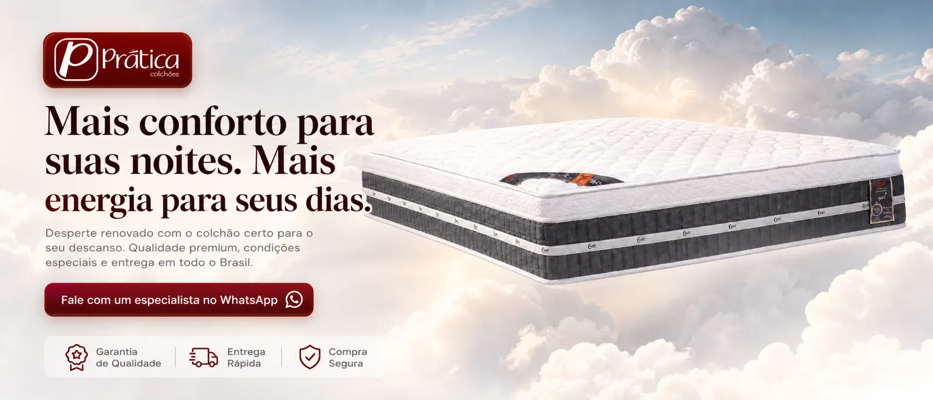 Prática Colchões — Mais conforto para suas noites, mais energia para seus dias. Fale com um especialista no WhatsApp