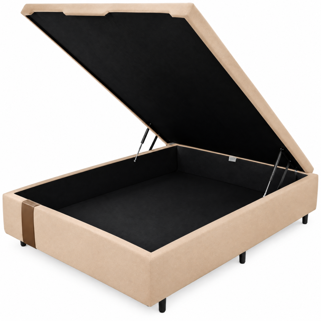 Base Box Baú Kwid Casal Linho Bege Faixa Caramelo 138x188x36 - Dream Box, baú aberto com pistão a gás
