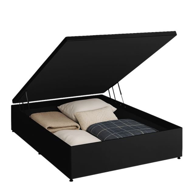 Base box baú blindado Vittal corino preto aberto com roupas de cama guardadas